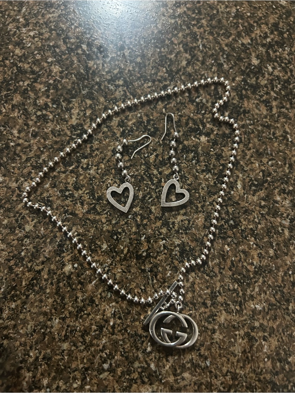 Gucci Silver-Tone Heart Necklace and Dangle Earrings Set